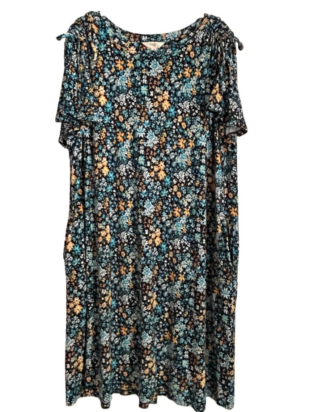 Terra & Sky Blue Floral Shift Dress 1X Pockets Short Sleeve Cottagecore Comfy